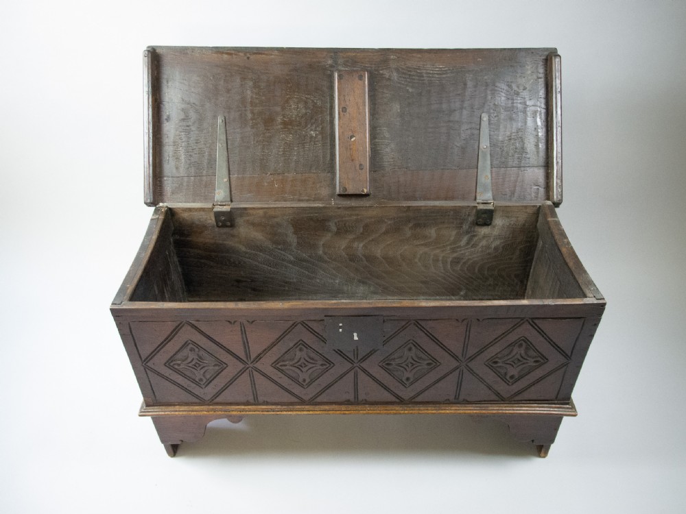 17th Century Style Oak Plank Coffer With Carved Lozenge Design View IX