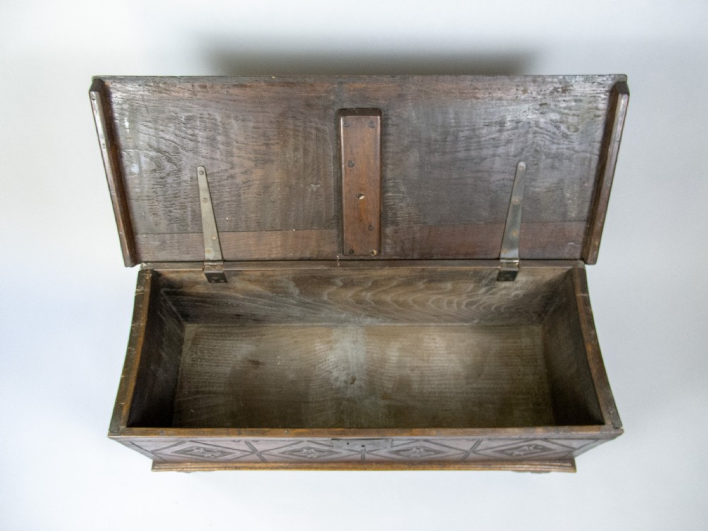17th Century Style Oak Plank Coffer With Carved Lozenge Design View X
