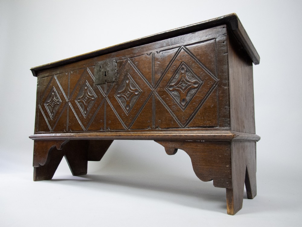 17th Century Style Oak Plank Coffer With Carved Lozenge Design View XII