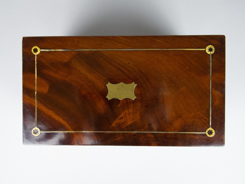 Regency George IV Mahogany & Brass Inlaid Tea Caddy With Interior Compartments. View IV