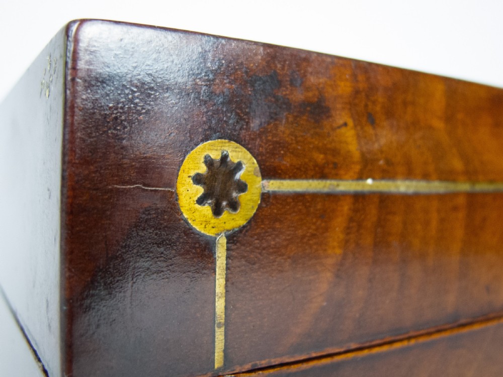 Regency George IV Mahogany & Brass Inlaid Tea Caddy With Interior Compartments. View VI