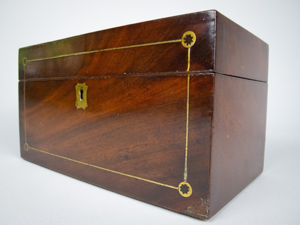 Regency George IV Mahogany & Brass Inlaid Tea Caddy With Interior Compartments. View VII