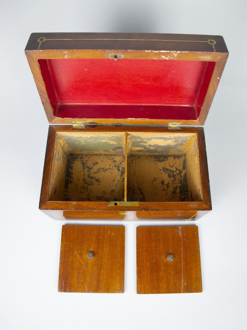 Regency George IV Mahogany & Brass Inlaid Tea Caddy With Interior Compartments. View IX