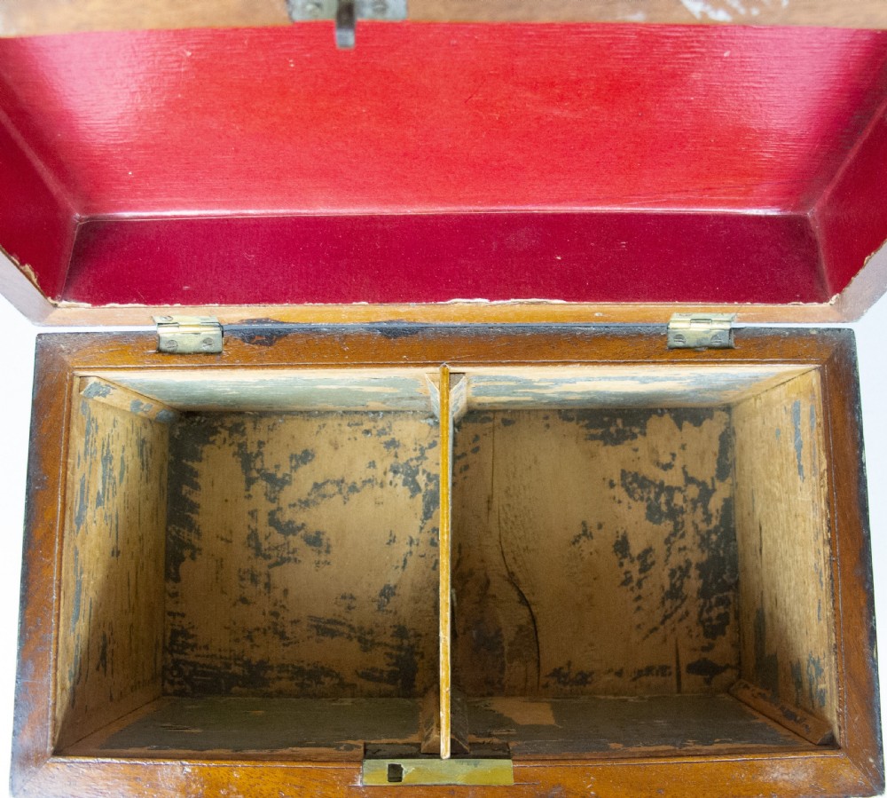 Regency George IV Mahogany & Brass Inlaid Tea Caddy With Interior Compartments. View X