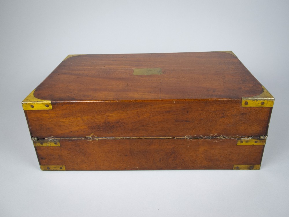 Large Victorian Mahogany & Brass Campaign Writing Slope With Frieze Drawer, c.1840 View V