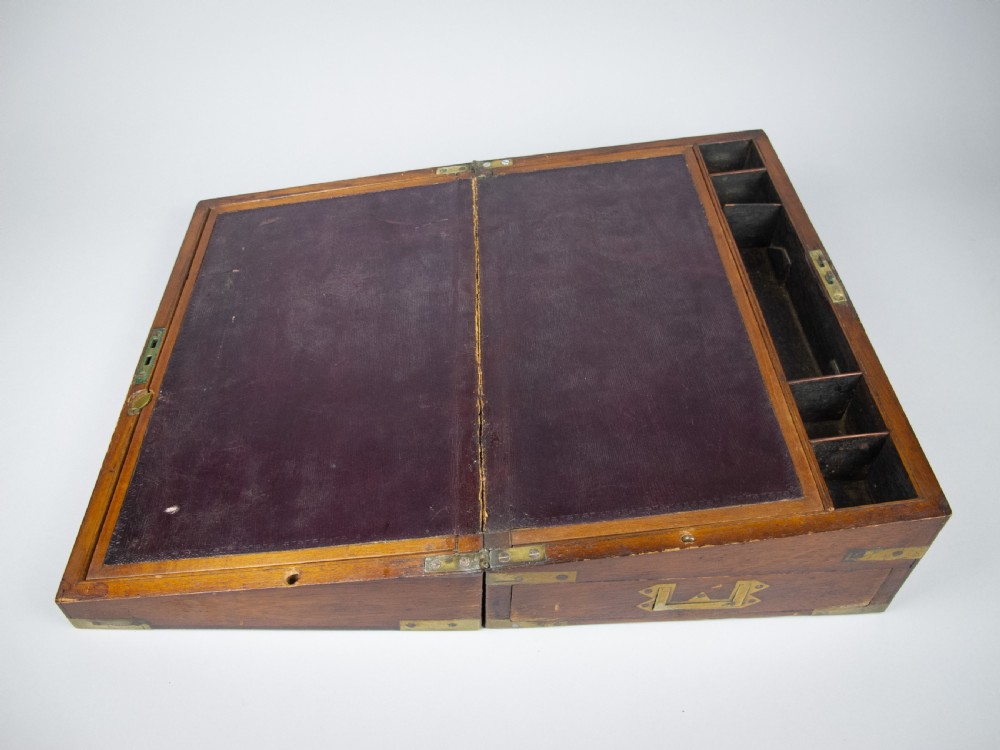 Large Victorian Mahogany & Brass Campaign Writing Slope With Frieze Drawer, c.1840 View IX