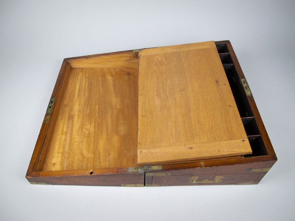 Large Victorian Mahogany & Brass Campaign Writing Slope With Frieze Drawer, c.1840 View X
