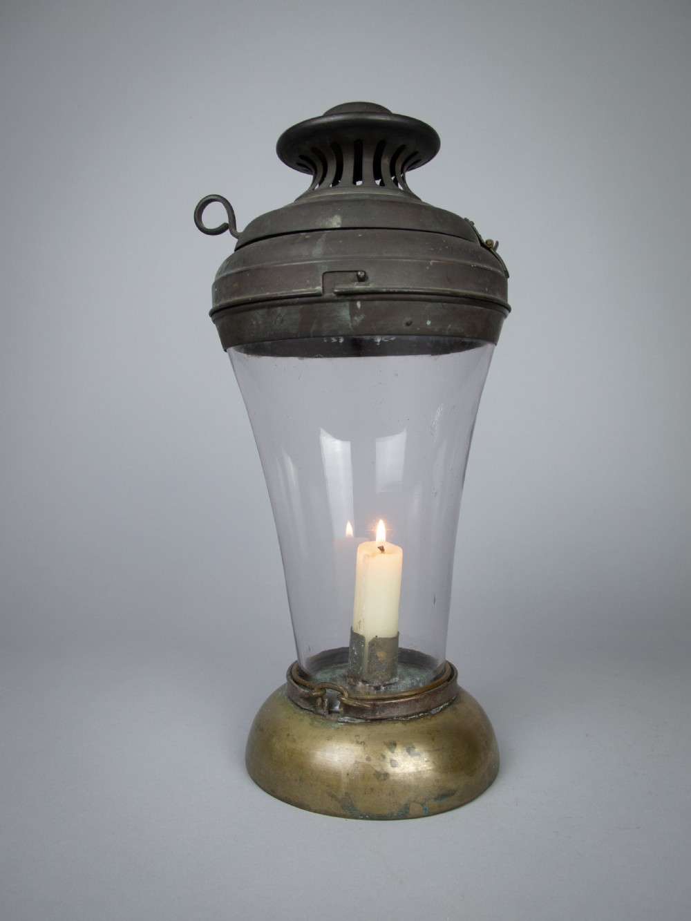 Unusual 19th Century Large Copper, Brass & Hand Blown Glass Candle Lamp