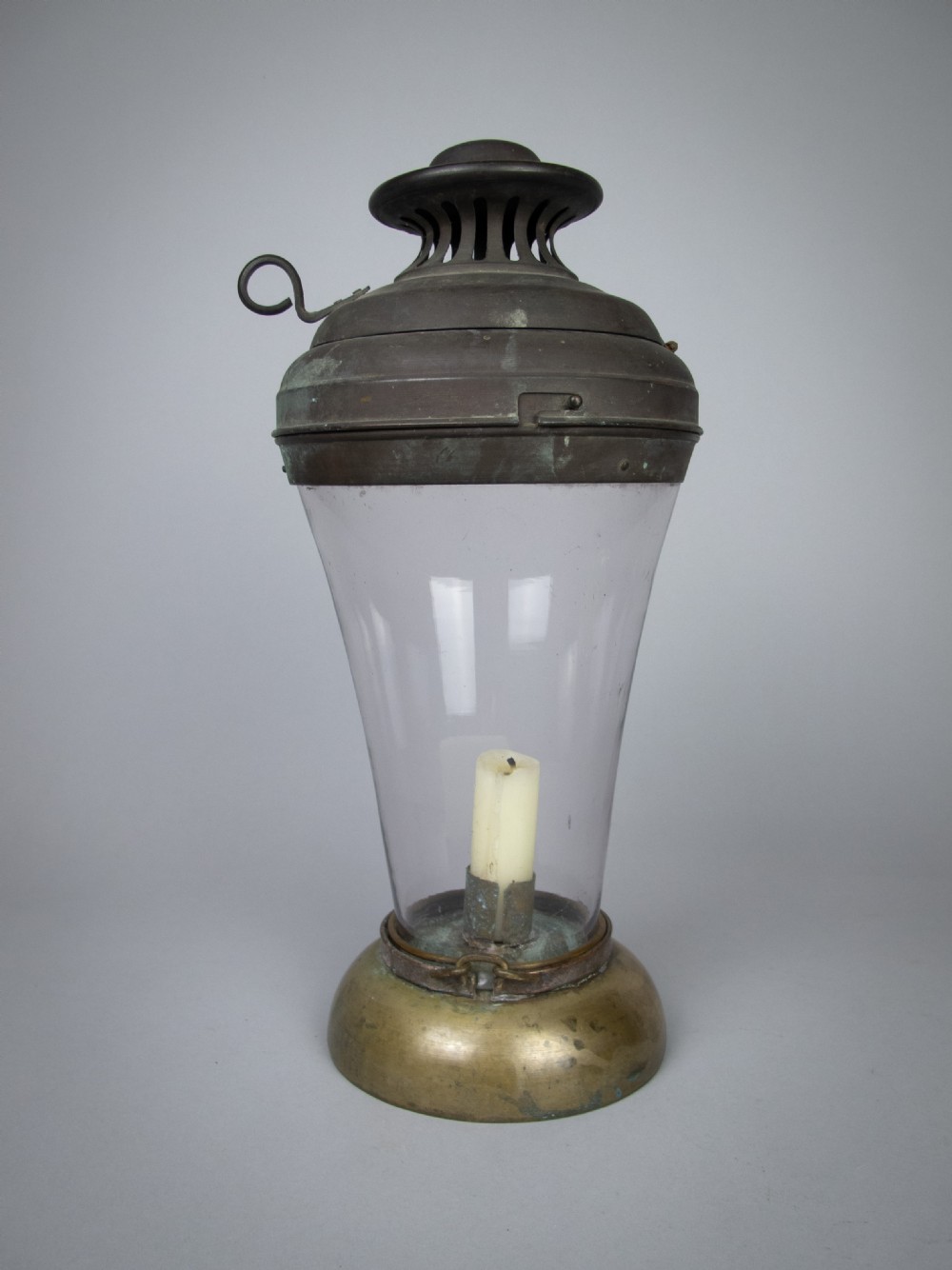 Unusual 19th Century Large Copper, Brass & Hand Blown Glass Candle Lamp View II