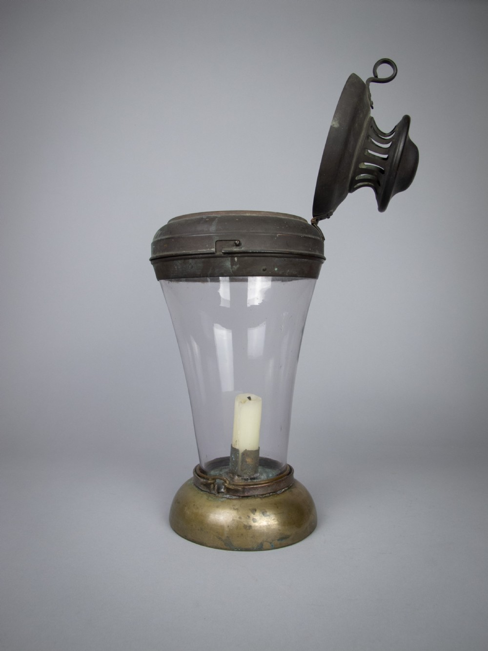 Unusual 19th Century Large Copper, Brass & Hand Blown Glass Candle Lamp View IV