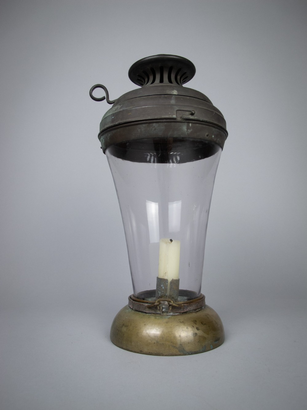 Unusual 19th Century Large Copper, Brass & Hand Blown Glass Candle Lamp View V
