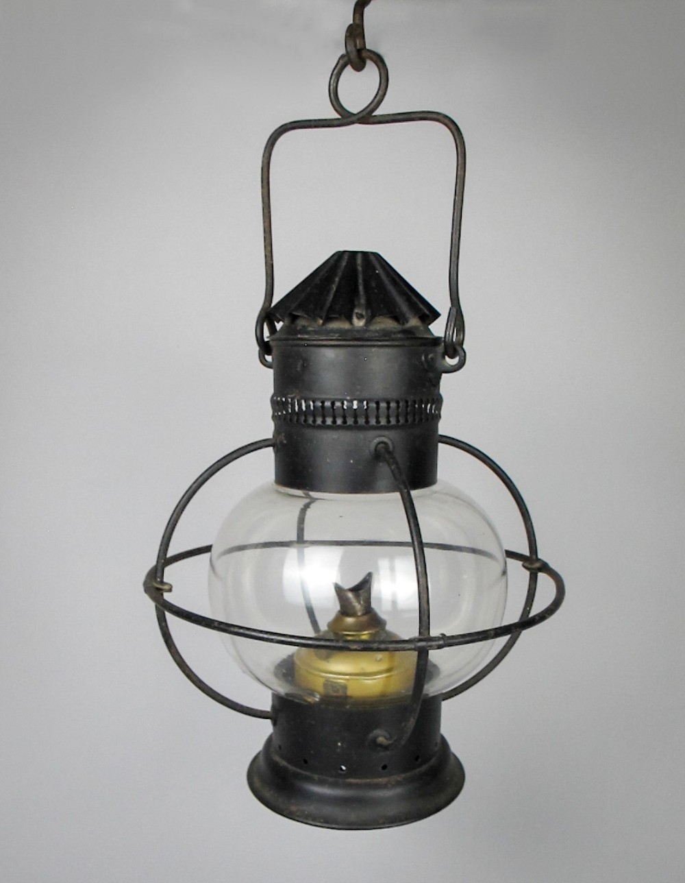 Early 20th Century Toleware Globular Hanging Oil Lamp With Brass Burner.