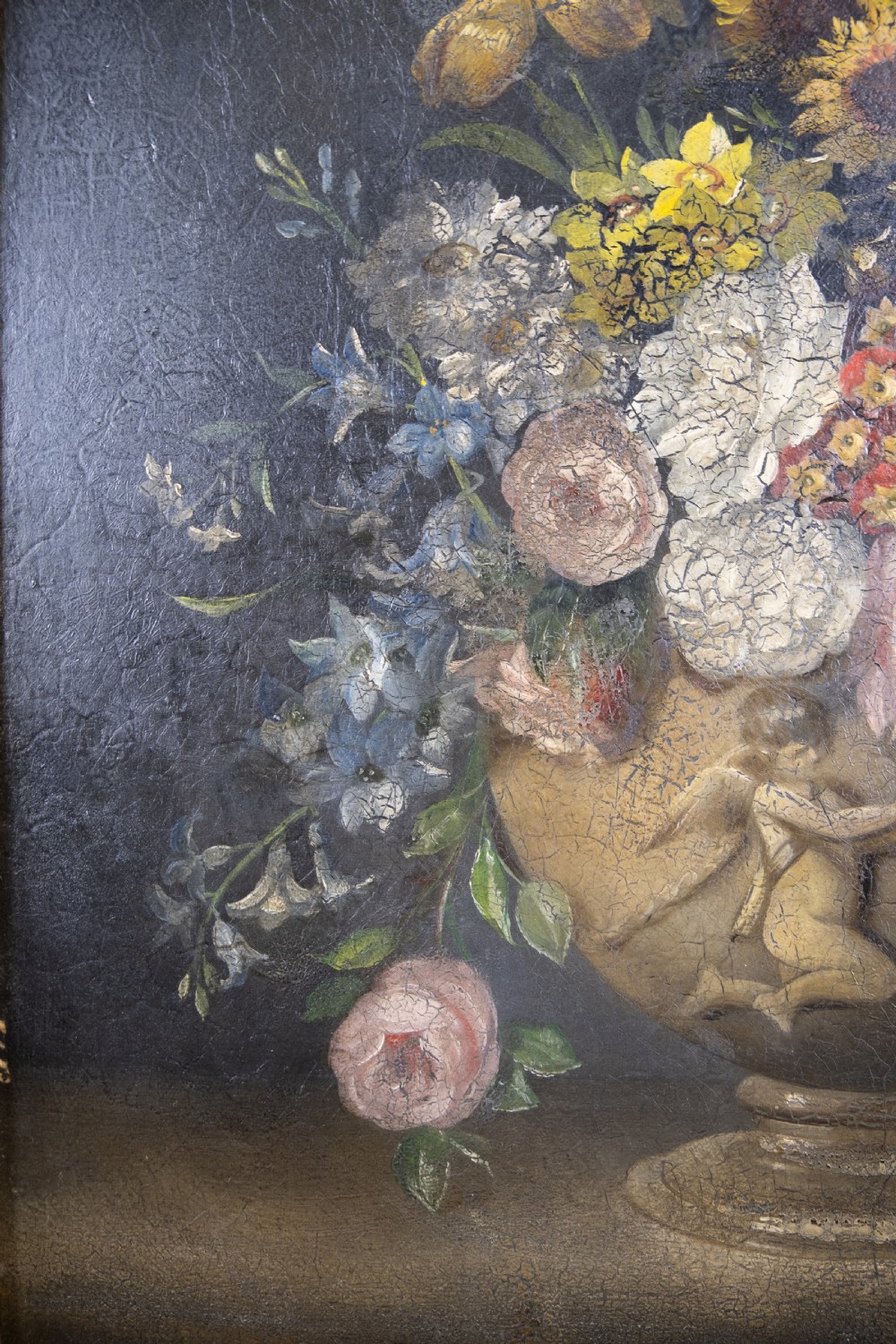 Large 18th Century Oil On Canvas - Still Life Of Flowers With Cupid Urn. View IV