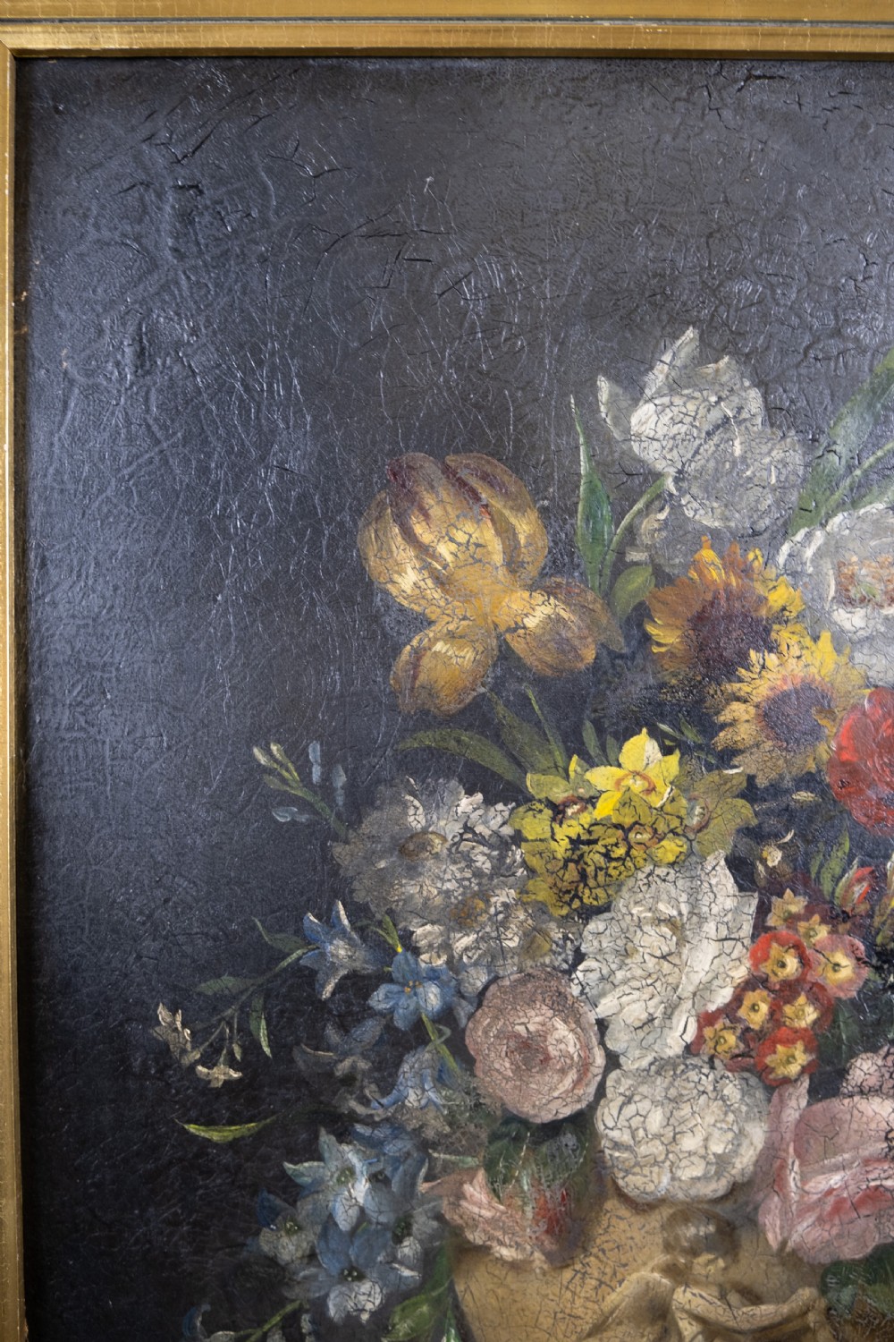 Large 18th Century Oil On Canvas - Still Life Of Flowers With Cupid Urn. View V