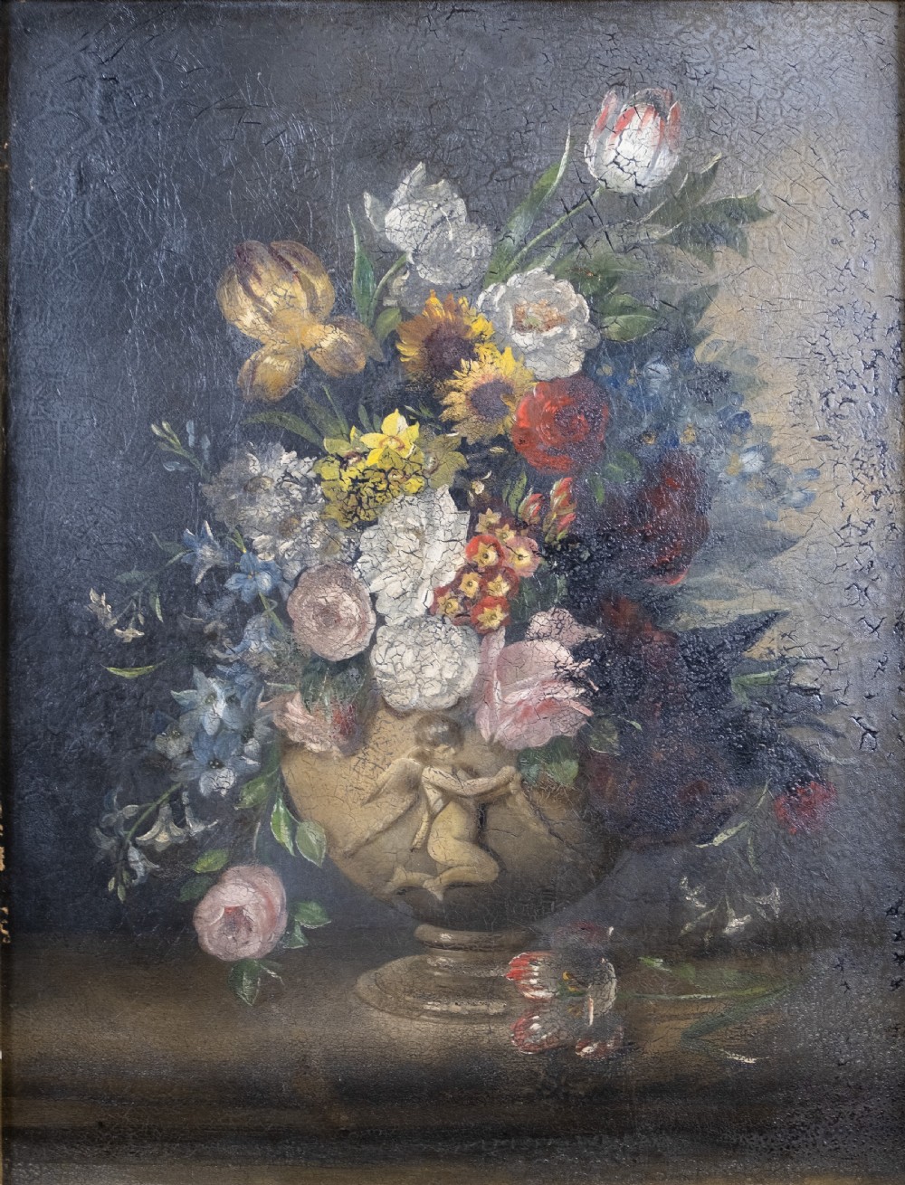 Large 18th Century Oil On Canvas - Still Life Of Flowers With Cupid Urn. View VI