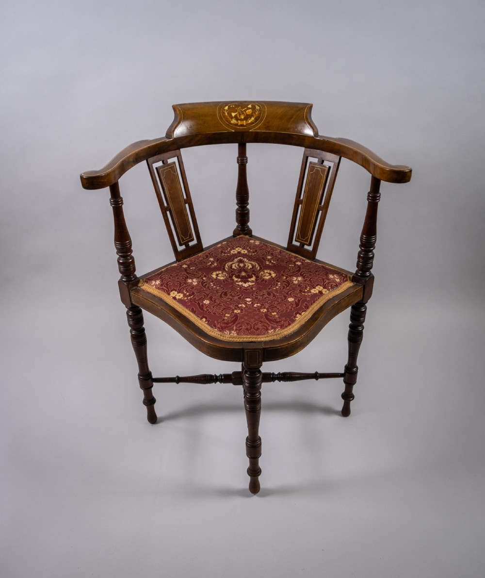 Edwardian Mahogany Inlaid Corner Chair With Musical Instrument Motif View II