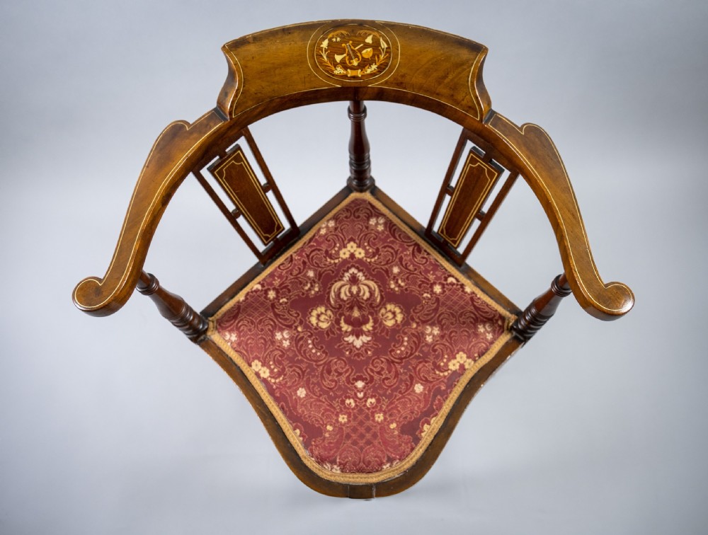Edwardian Mahogany Inlaid Corner Chair With Musical Instrument Motif View III