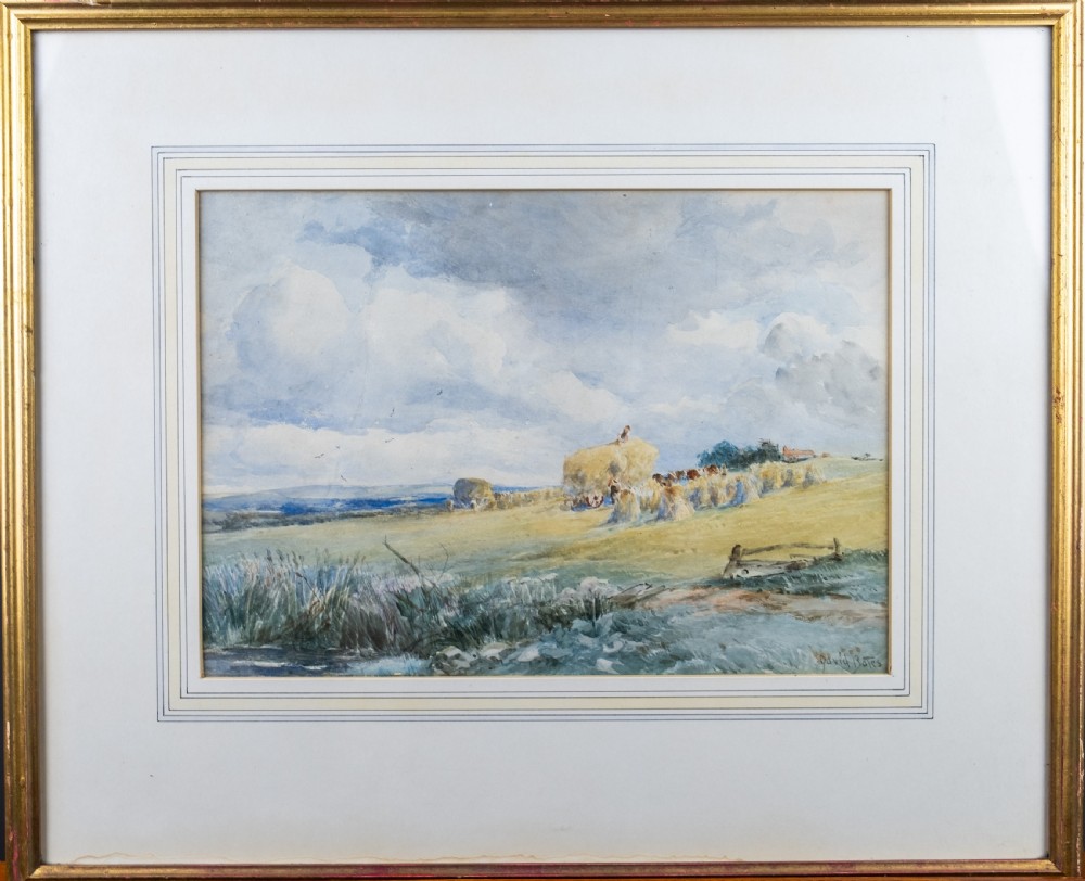 David Bates (1840-1921) - Figures In A Hayfield With Storm Gathering. Watercolour.