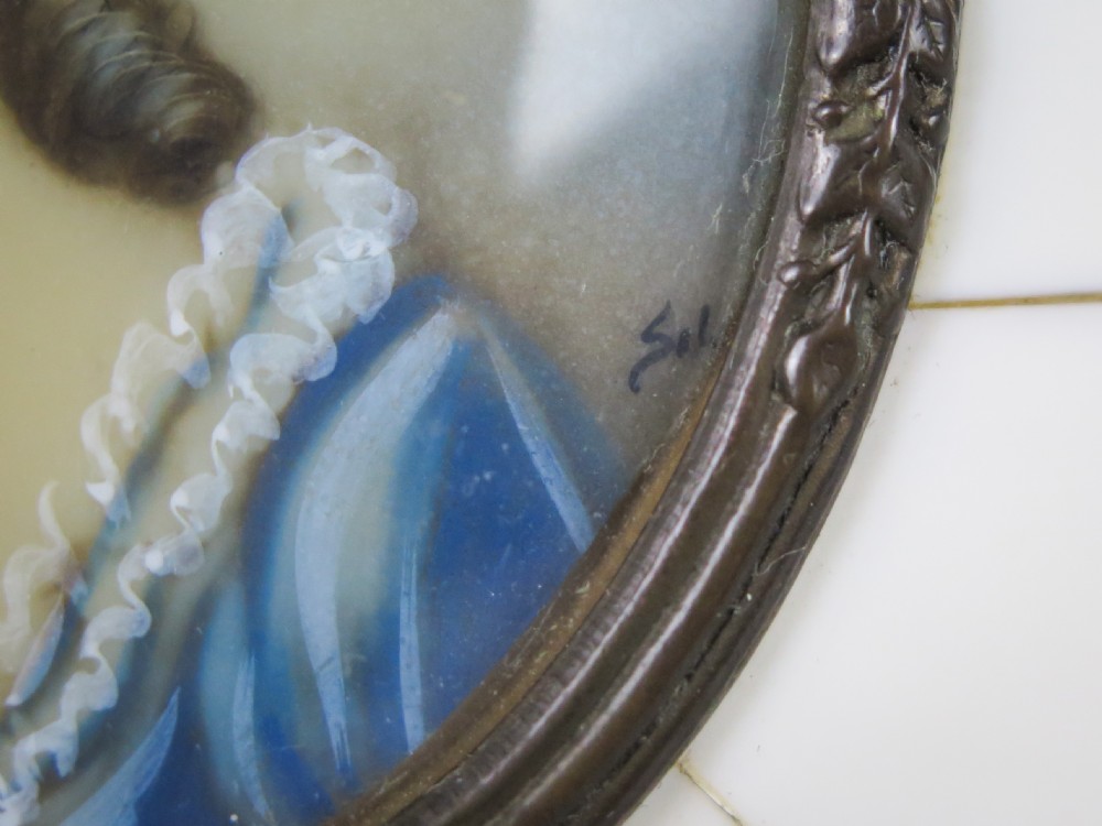 19th Century Signed Miniature Portrait Of A Lady In Faux Ivory Frame View IV