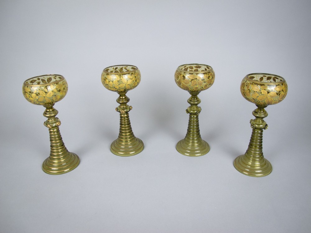 Four Bohemian Moser Green & Gilt Roemer Wine Glasses, c.1900 View II