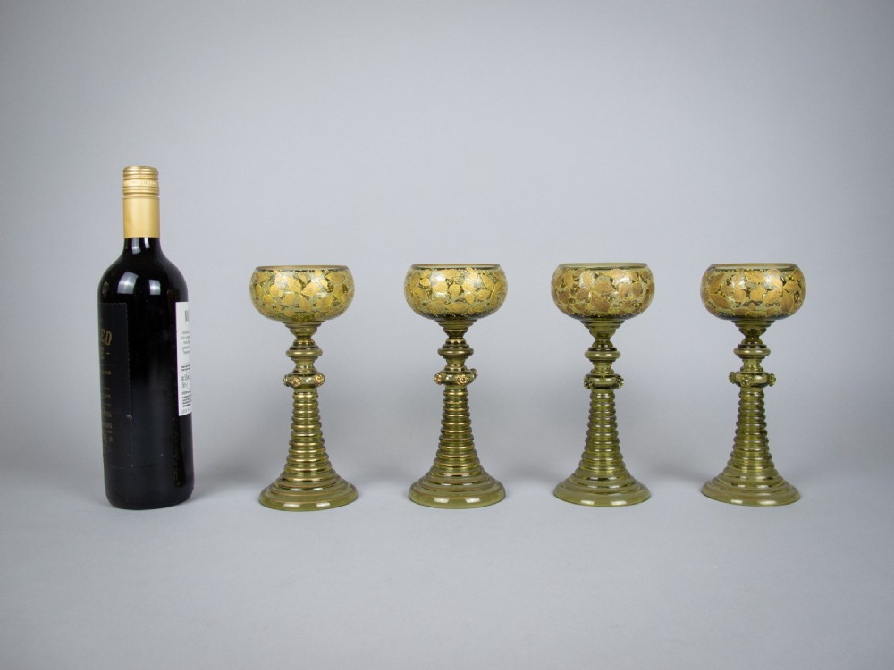 Four Bohemian Moser Green & Gilt Roemer Wine Glasses, c.1900 View III