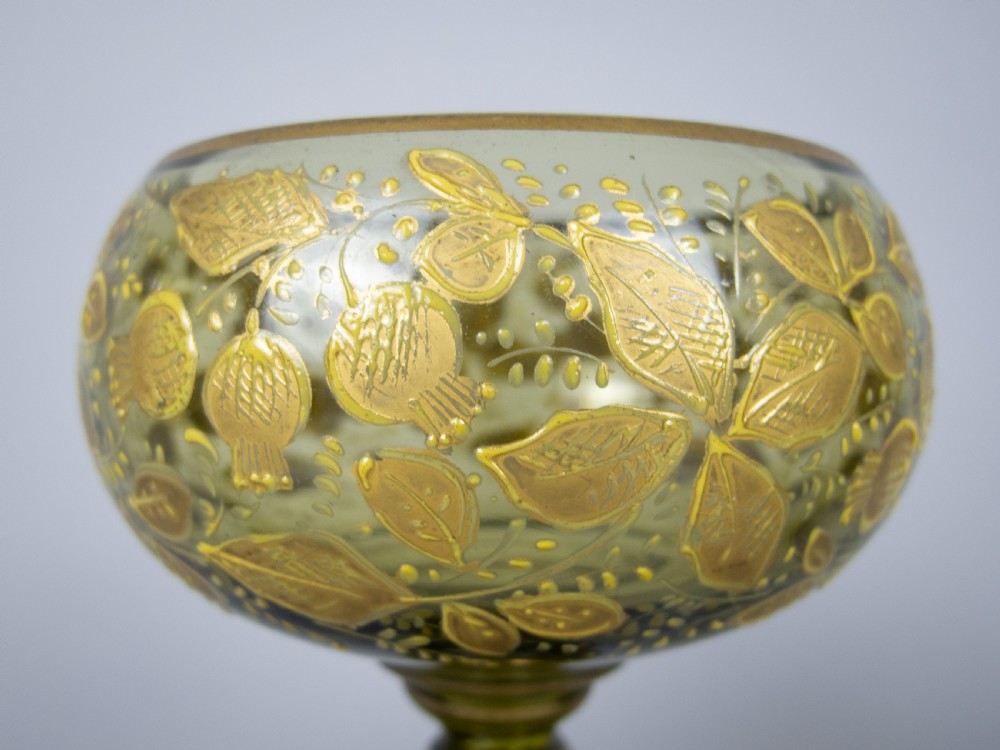 Four Bohemian Moser Green & Gilt Roemer Wine Glasses, c.1900 View V