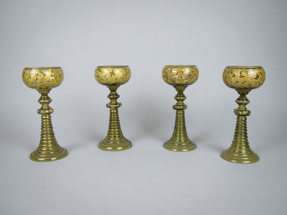 Four Bohemian Moser Green & Gilt Roemer Wine Glasses, c.1900 View IX