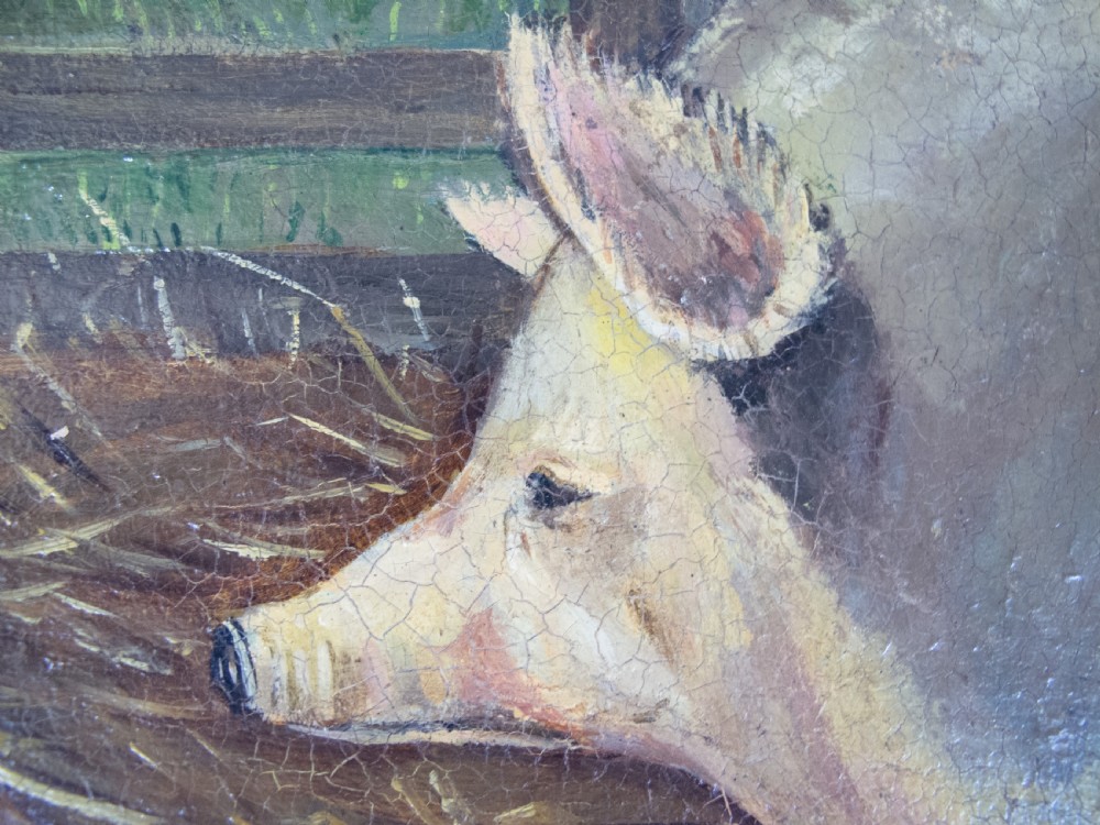 Early 20th Century Prize Pig In Landscape, Oil On Panel - English School. View III