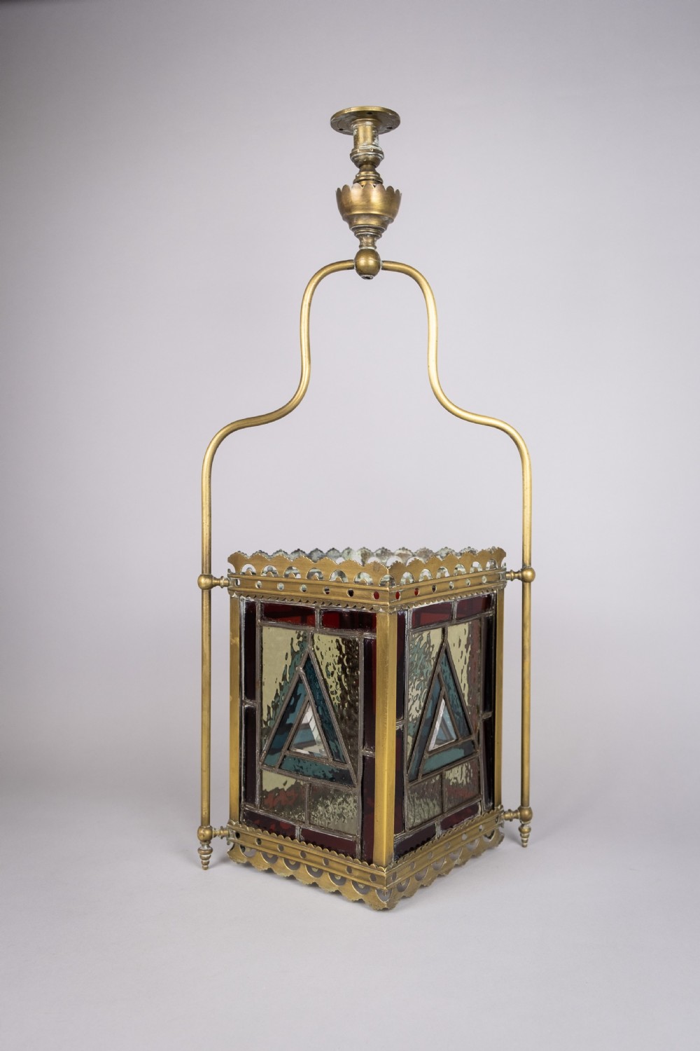 Victorian Brass & Stained Glass Hall Lantern, c.1890 View II