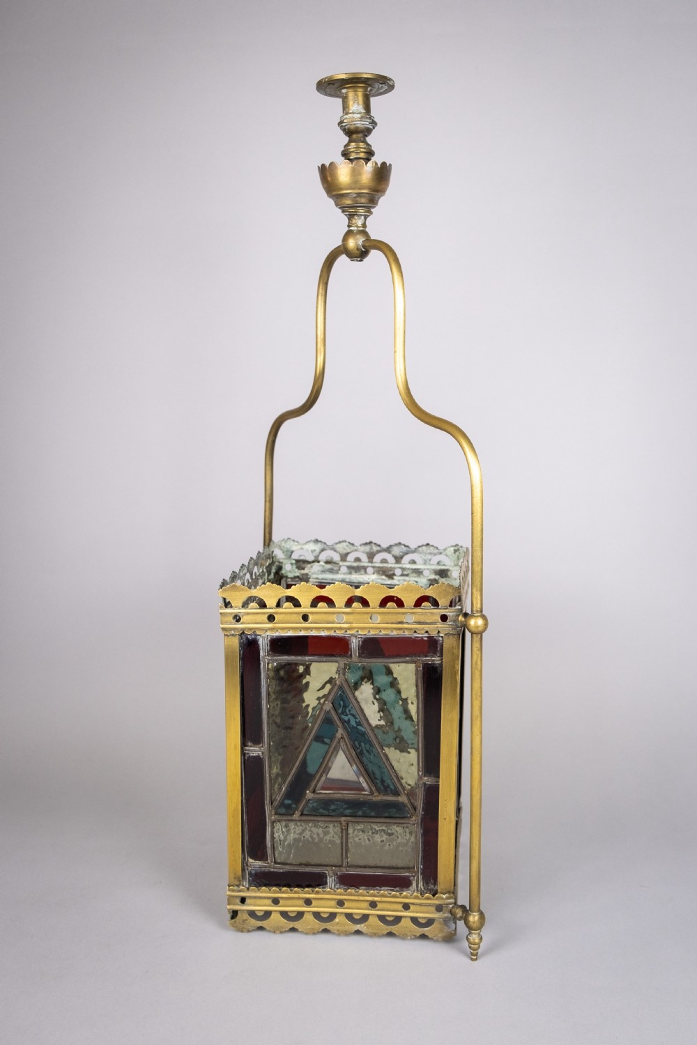 Victorian Brass & Stained Glass Hall Lantern, c.1890 View III