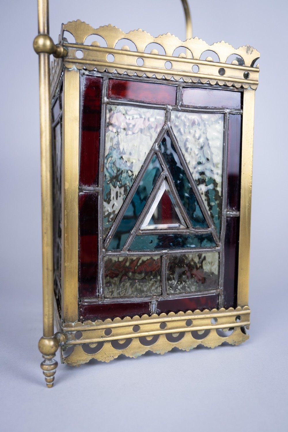 Victorian Brass & Stained Glass Hall Lantern, c.1890 View V