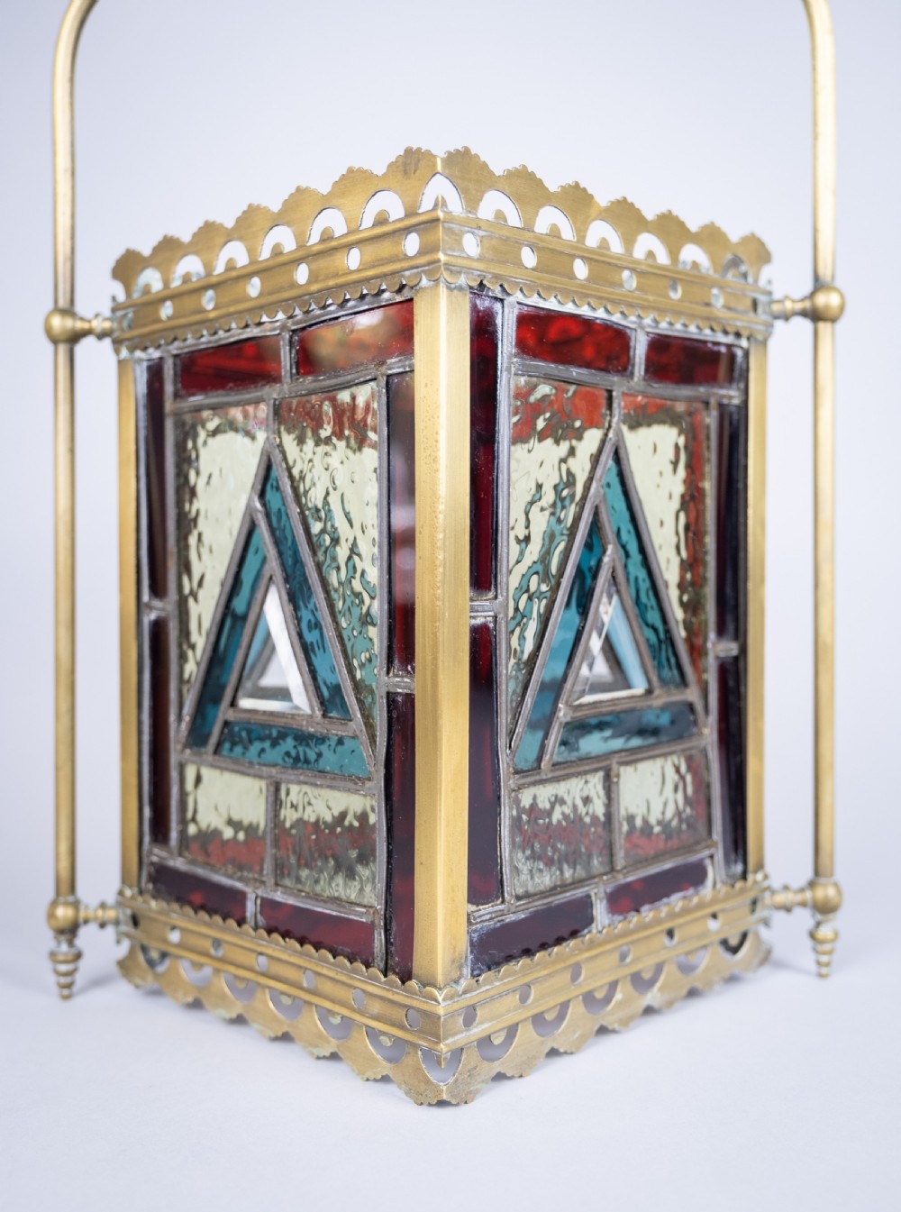Victorian Brass & Stained Glass Hall Lantern, c.1890 View VII