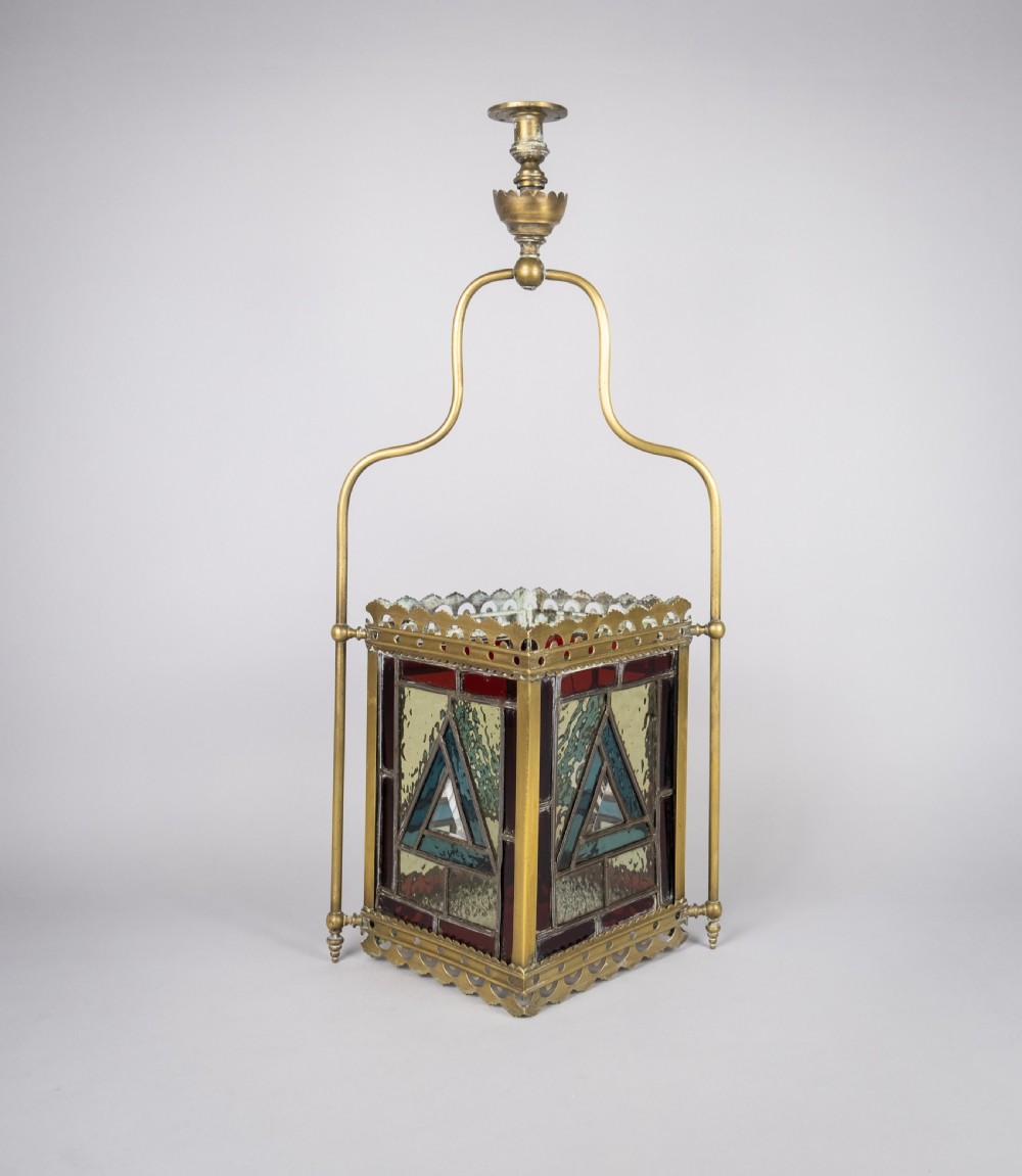 Victorian Brass & Stained Glass Hall Lantern, c.1890 View IX