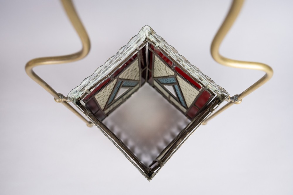 Victorian Brass & Stained Glass Hall Lantern, c.1890 View X