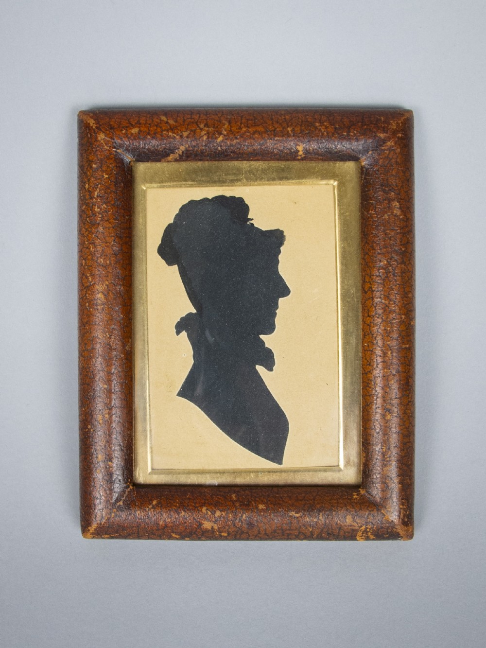 19th Century Hand Painted Silhouette Of A Woman In Leather Frame