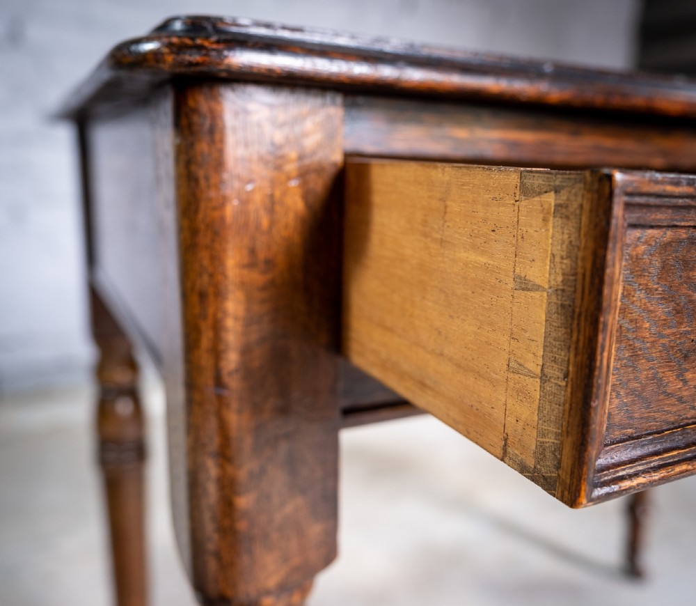 Mid Victorian Oak Writing Desk With Single Drawer, Key & Ceramic Castors. View IV
