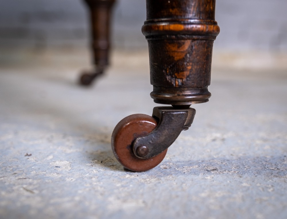 Mid Victorian Oak Writing Desk With Single Drawer, Key & Ceramic Castors. View VI