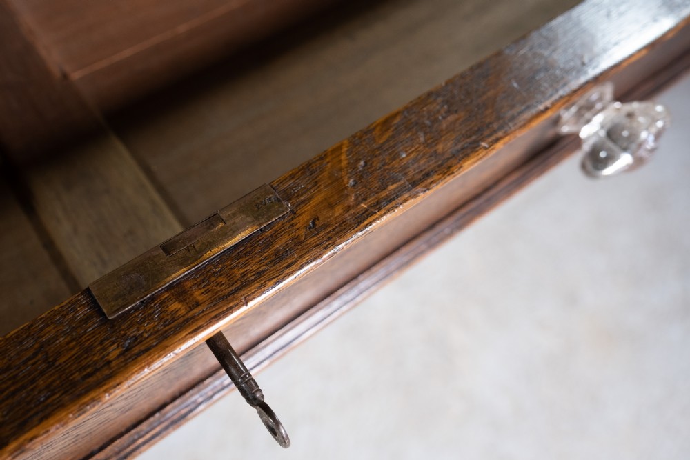 Mid Victorian Oak Writing Desk With Single Drawer, Key & Ceramic Castors. View IX