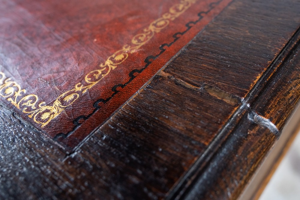 Mid Victorian Oak Writing Desk With Single Drawer, Key & Ceramic Castors. View X