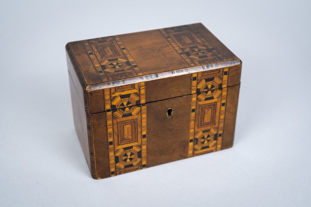19th Century Walnut Marquetry Twin Compartment Tea Caddy 