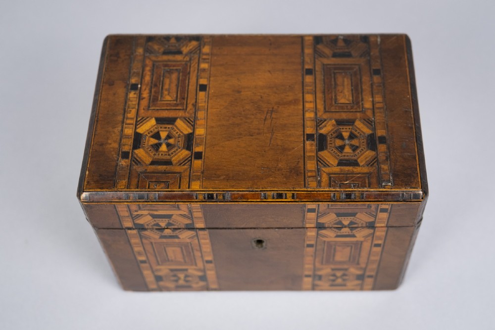 19th Century Walnut Marquetry Twin Compartment Tea Caddy  View II
