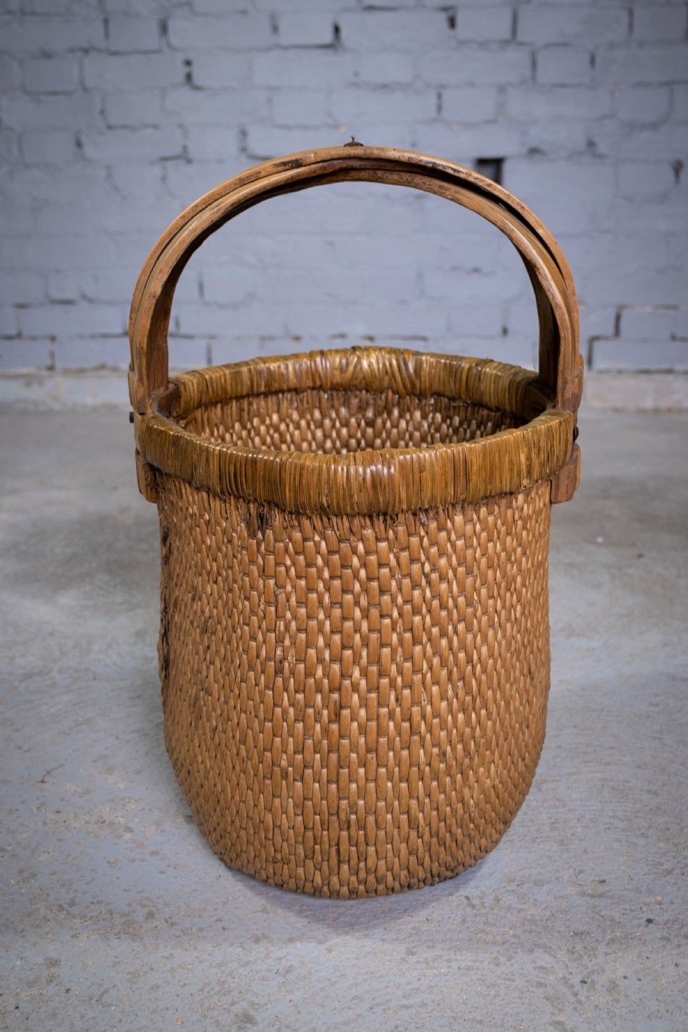 Large 19th Century Chinese Woven Rice Basket With Wooden Handle View III