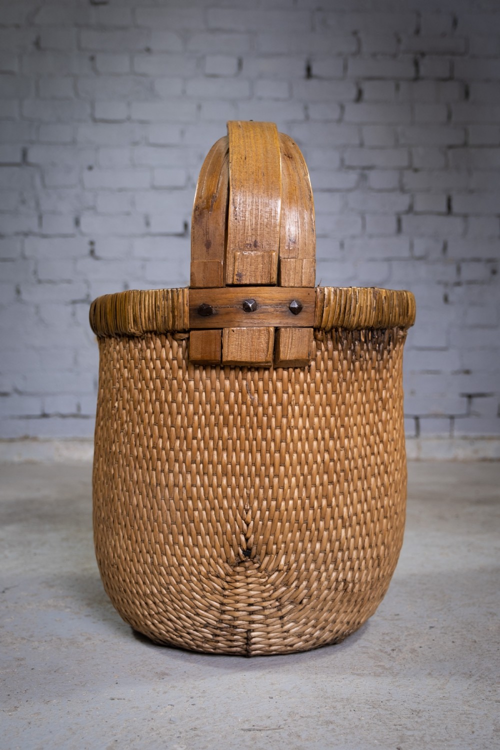 Large 19th Century Chinese Woven Rice Basket With Wooden Handle View V