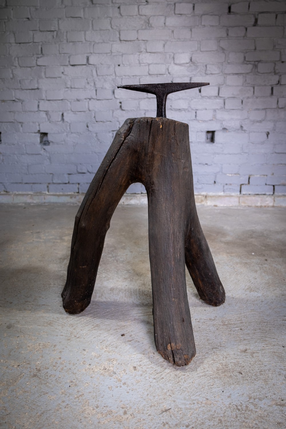19th Century Sculptural Blacksmith's Anvil On Tripod Tree Stump Base.