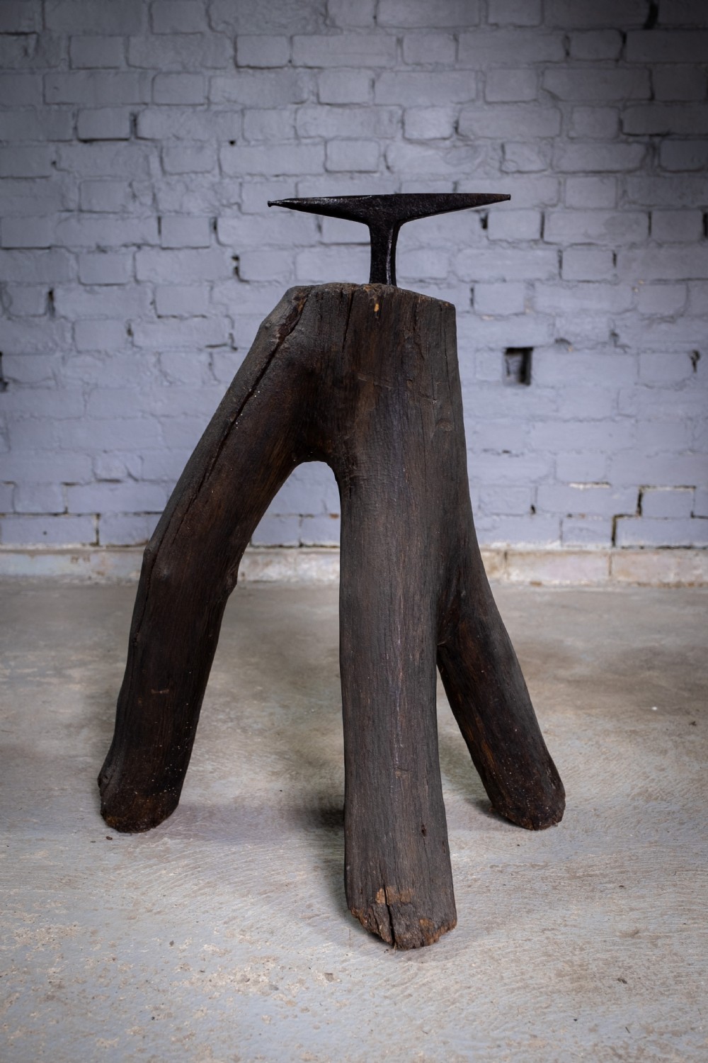 19th Century Sculptural Blacksmith's Anvil On Tripod Tree Stump Base. View V