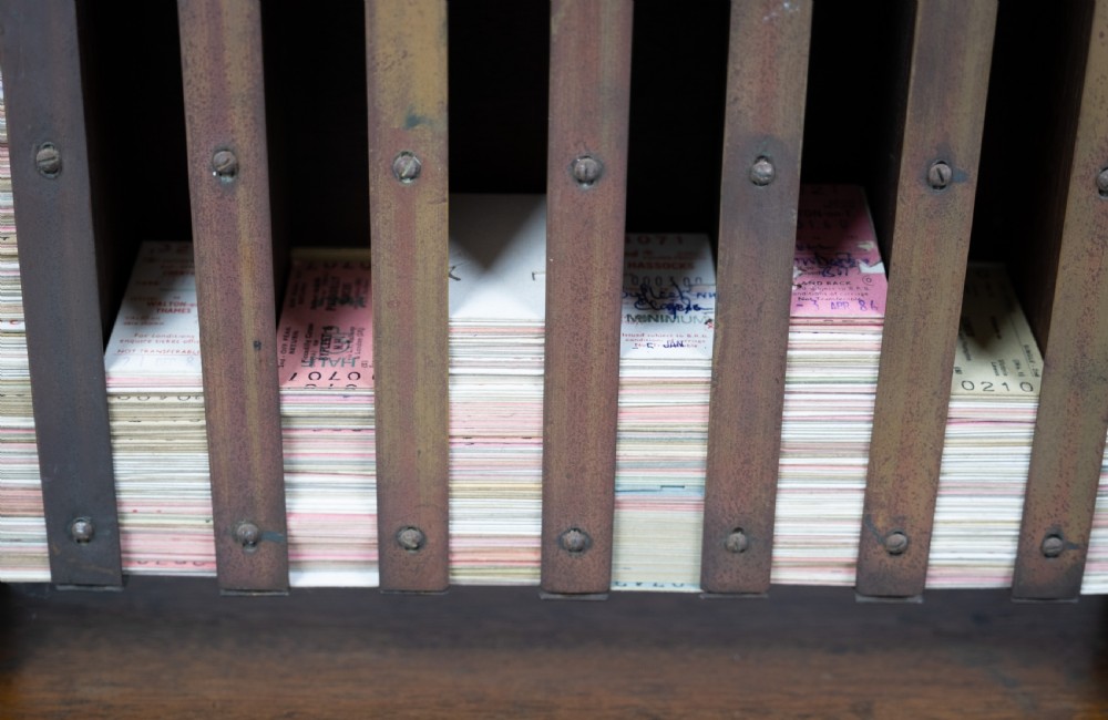 Vintage Oak Railway Train Ticket Cabinet With Original Train Tickets. View III