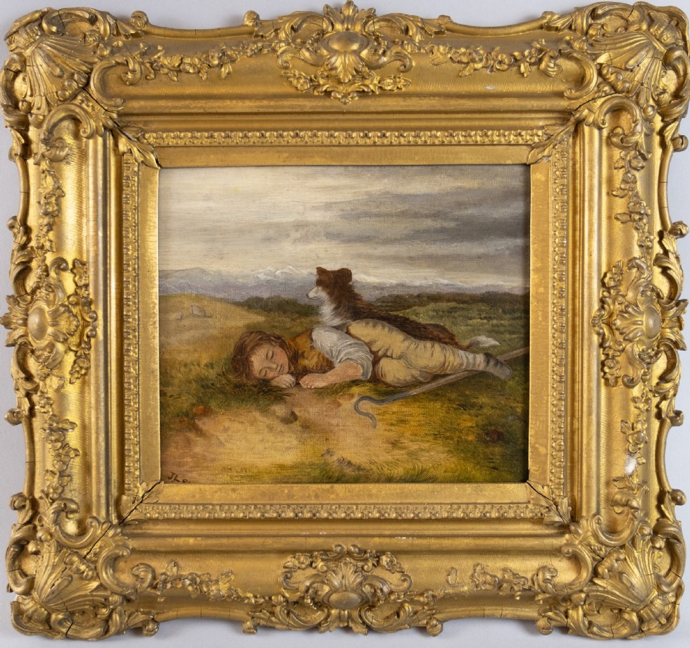 19th Century Oil On Canvas Resting Shepherd & Dog In Landscape, Signed & Dated. English School.