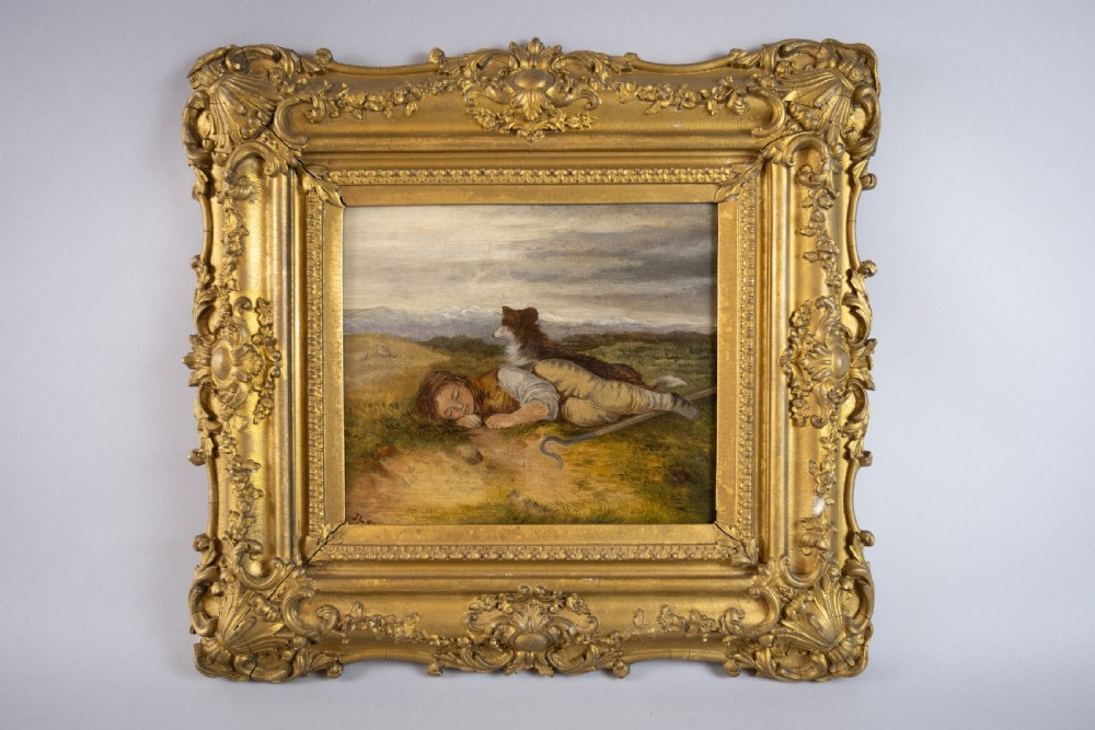 19th Century Oil On Canvas Resting Shepherd & Dog In Landscape, Signed & Dated. English School. View III