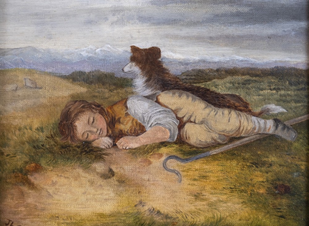 19th Century Oil On Canvas Resting Shepherd & Dog In Landscape, Signed & Dated. English School. View IV