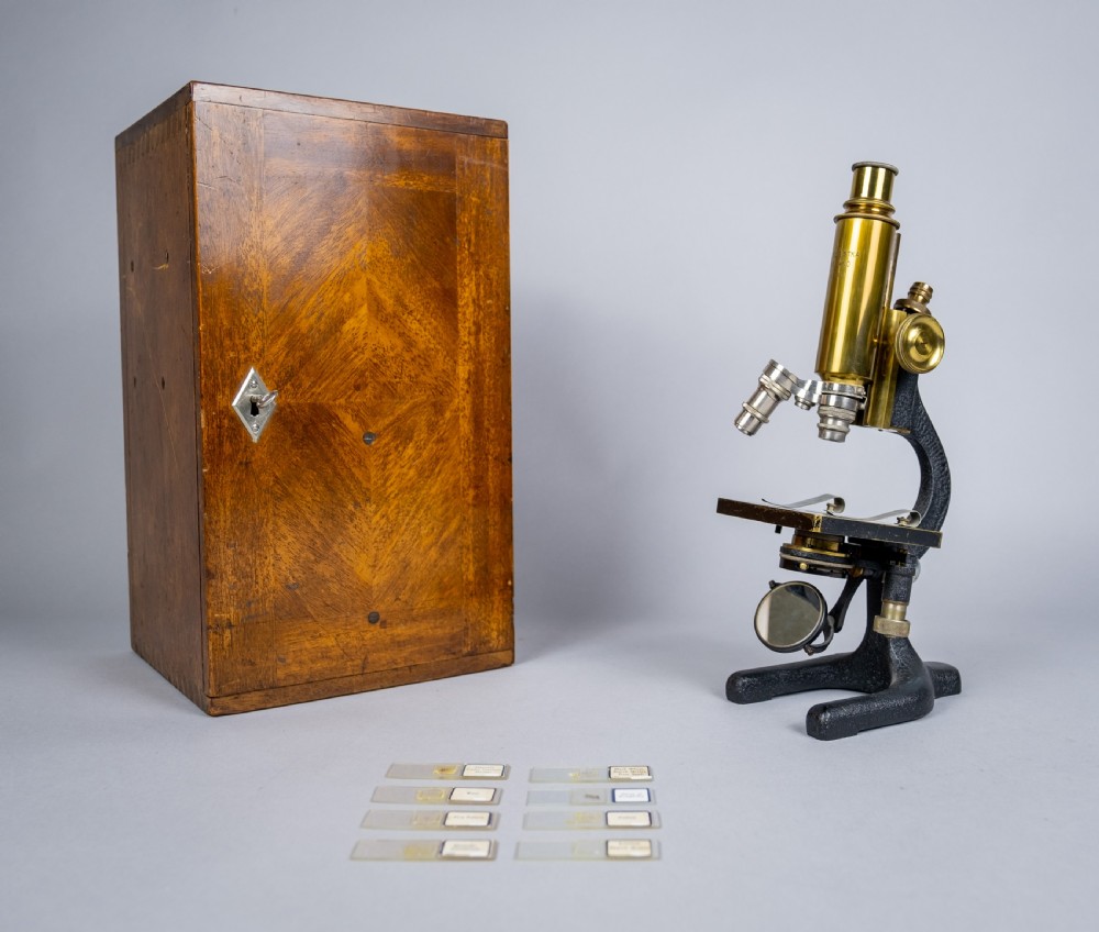 F. Koristka Milano Monocular Microscope (No. 30671) With Slides, Mahogany Case & Key, c.1920.